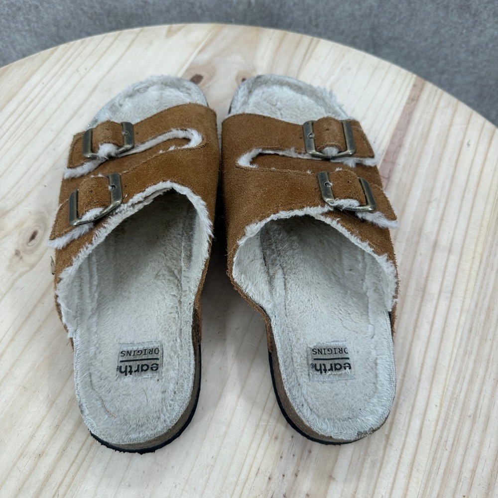 Earth Origins Chill Cali Sandals Womens 8 Brown Suede Faux Fur Double Buckle - Picture 7 of 10